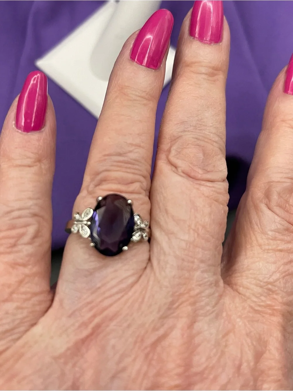 NWOT. .925 SS Oval Amethyst Butterfly Accent Ring size 8   3.37 grams